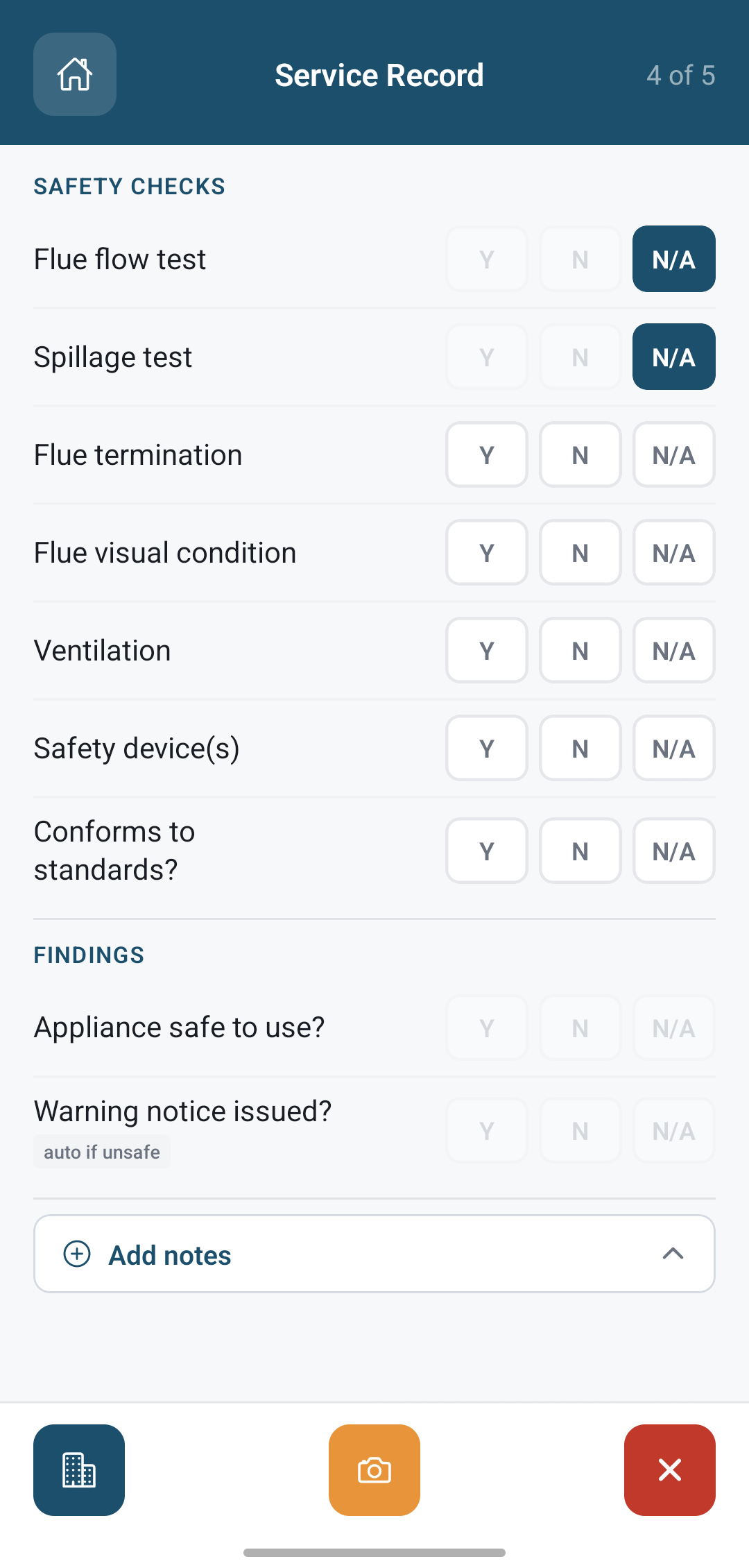 GasMateX Service Record safety checks, page 4 of 5, with Y, N and N/A answers.